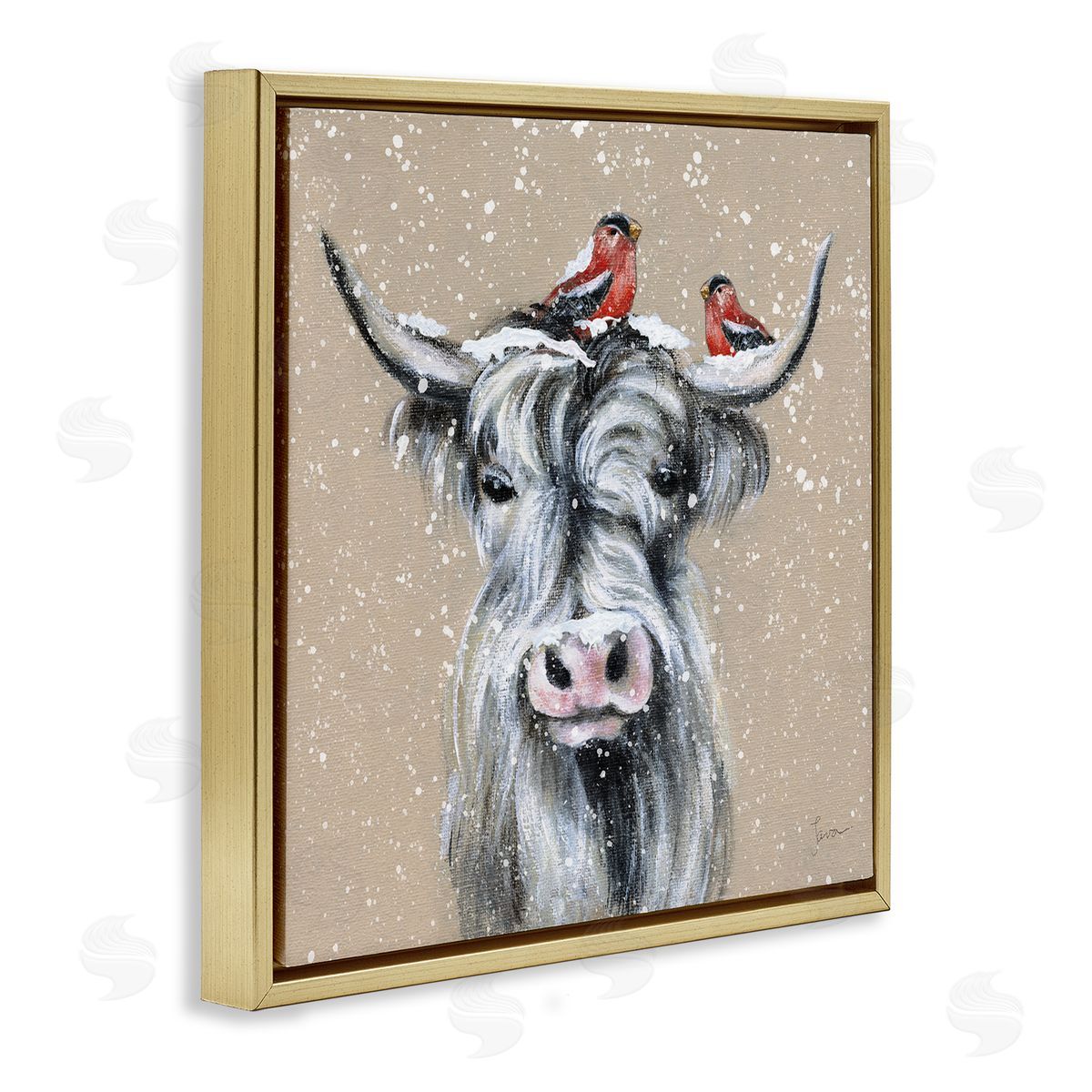 Janet Tava Snowy Cattle & Birds Farmhouse Gold Floating Frame Canvas Wall Art Print