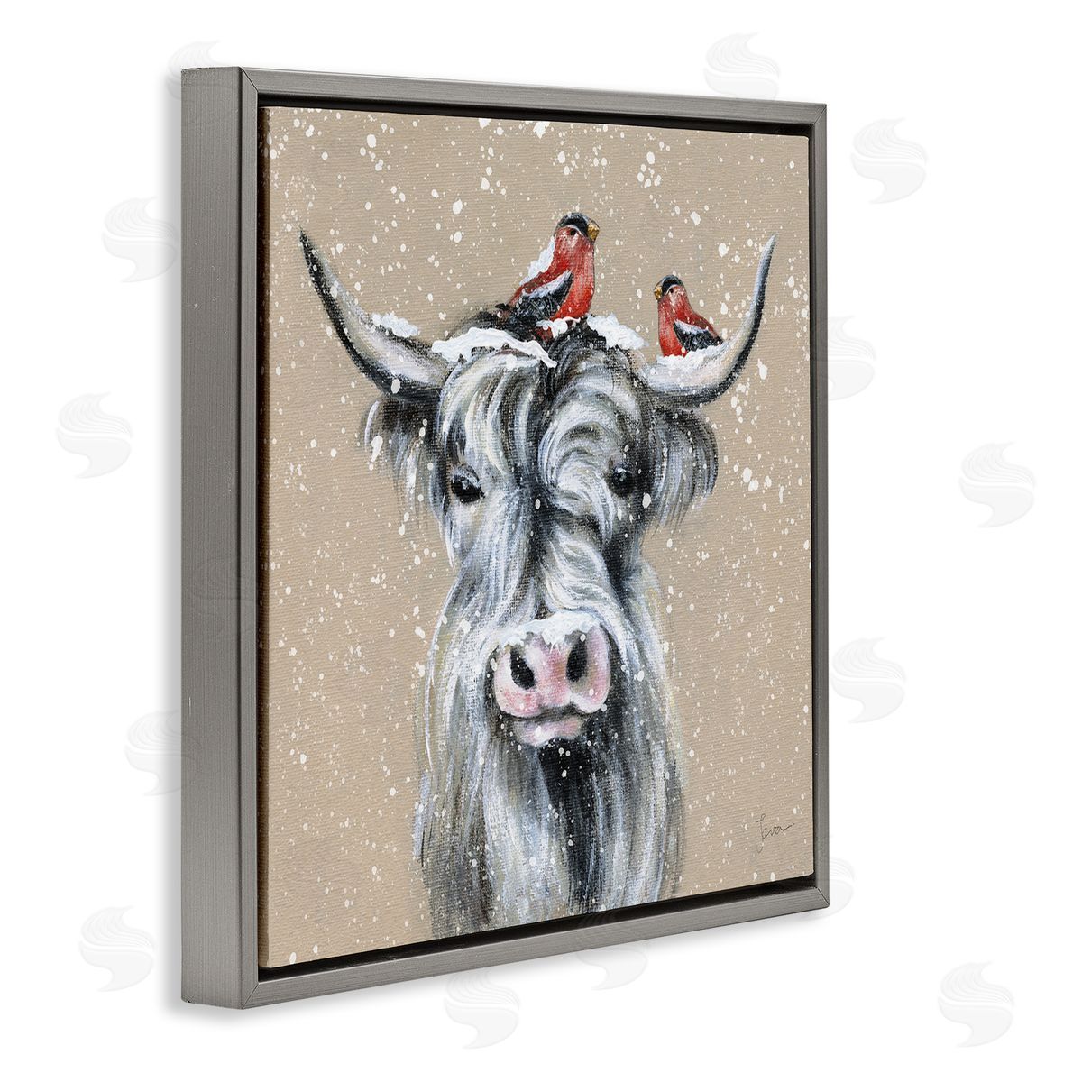 Janet Tava Snowy Cattle & Birds Farmhouse Gray Floating Frame Canvas Wall Art Print
