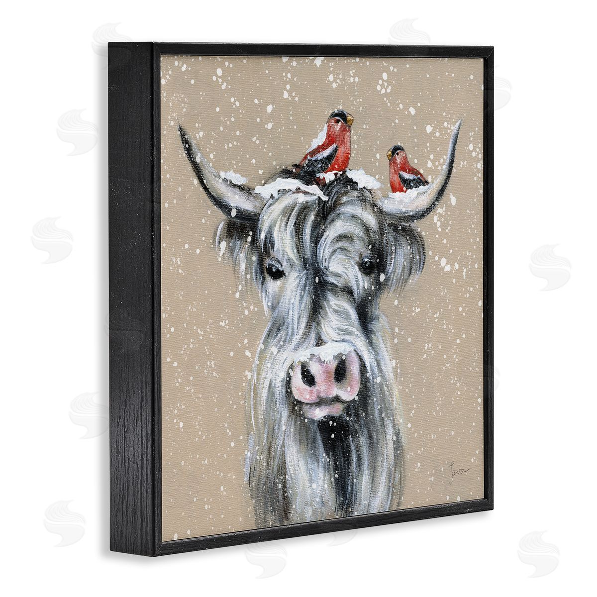 Janet Tava Snowy Cattle & Birds Farmhouse Black Framed Glicee Wall Art Print