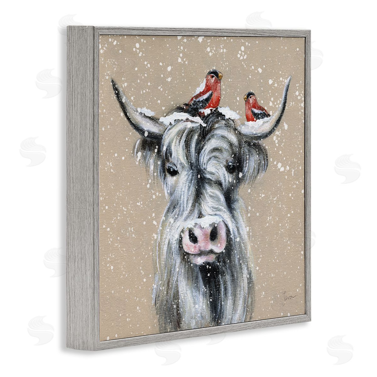 Janet Tava Snowy Cattle & Birds Farmhouse Gray Framed Glicee Wall Art Print