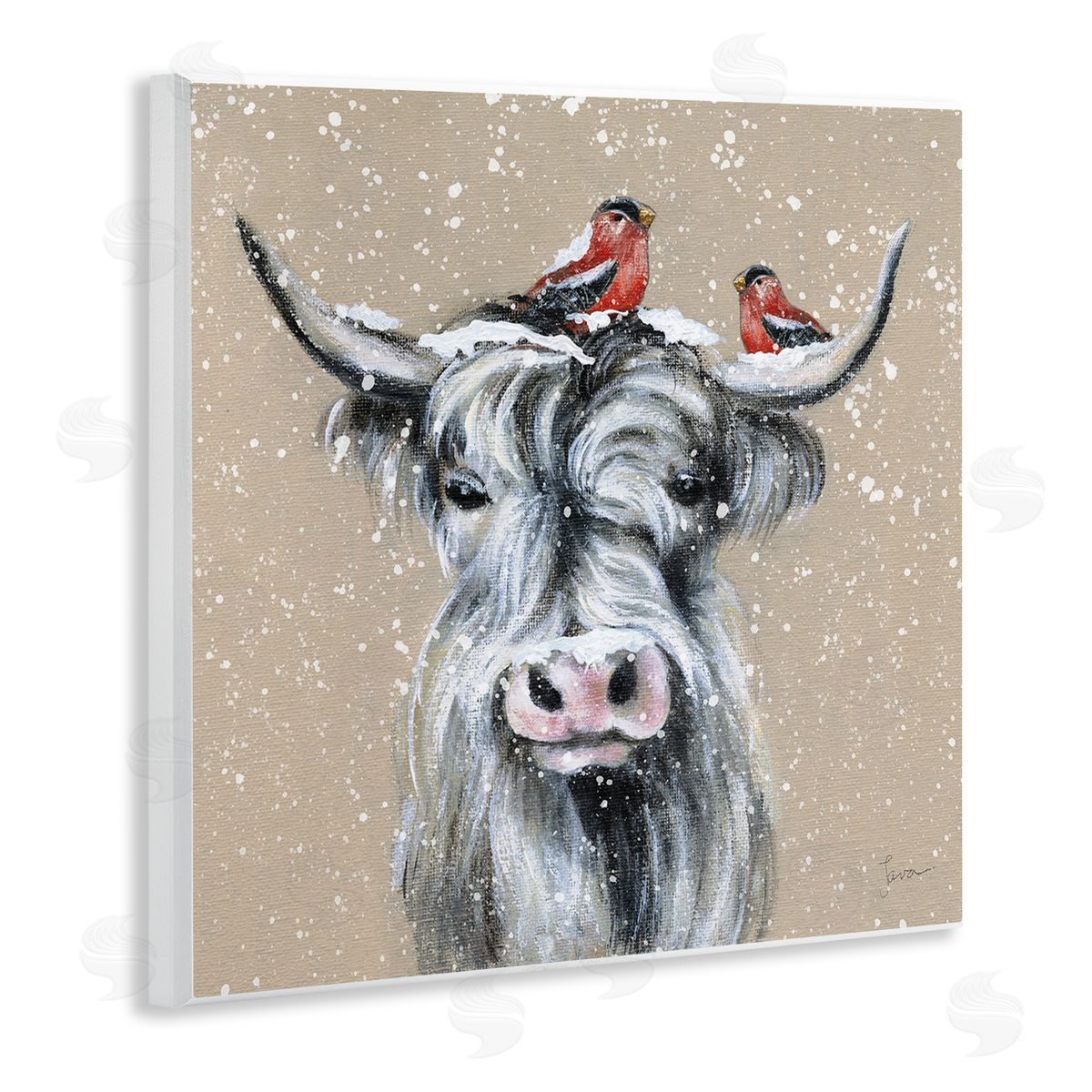 Janet Tava Snowy Cattle & Birds Farmhouse Wooden Wall Plaque Art Print