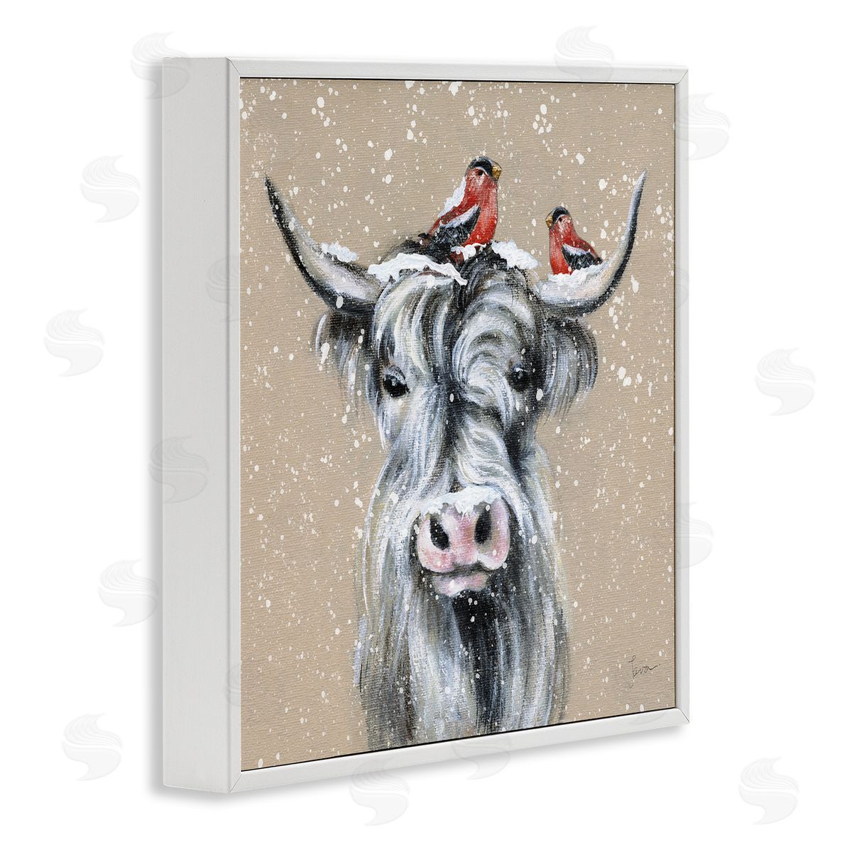 Janet Tava Snowy Cattle & Birds Farmhouse White Framed Glicee Wall Art Print