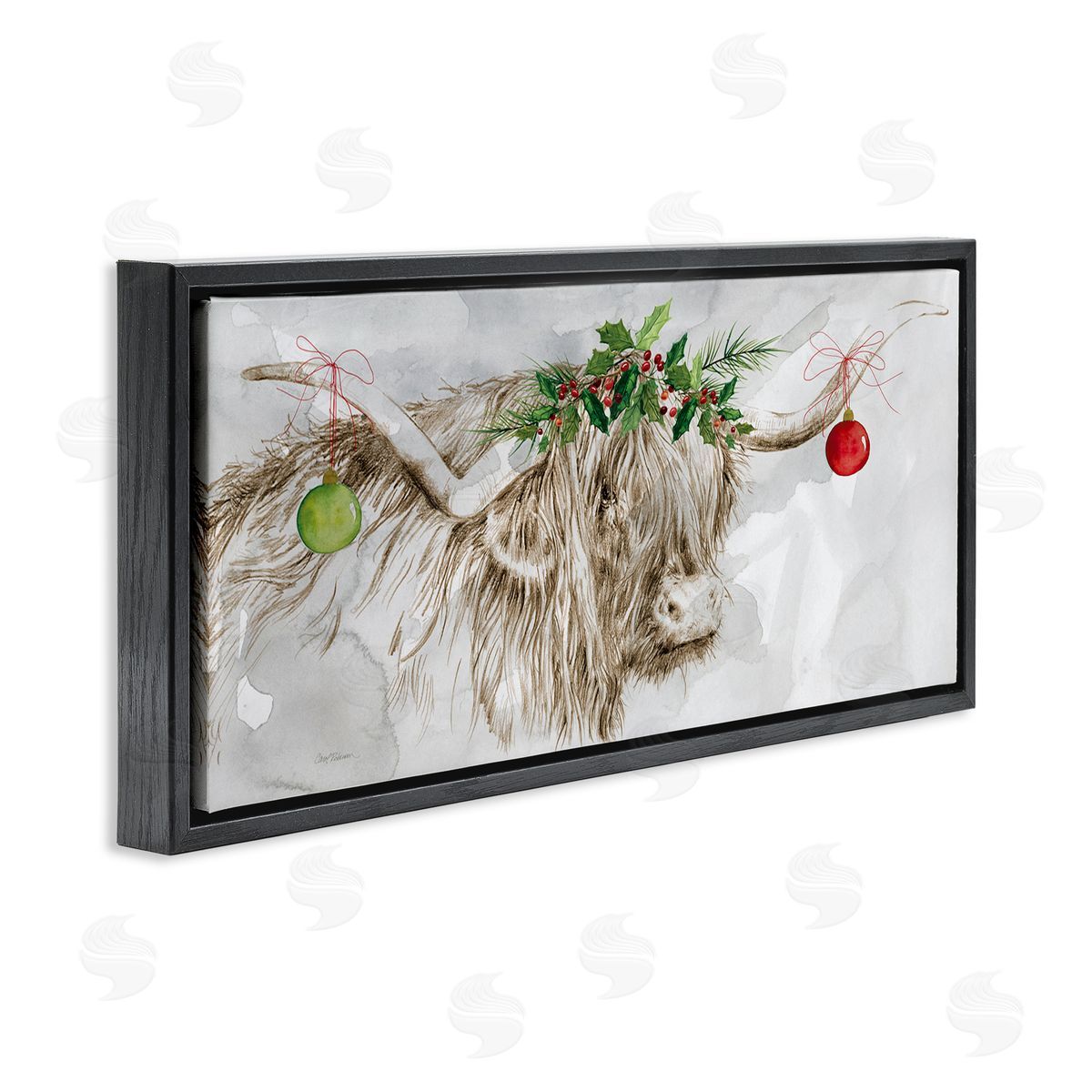 Carol Robinson Cattle with Christmas Ornaments Black Floating Frame Canvas Wall Art Print