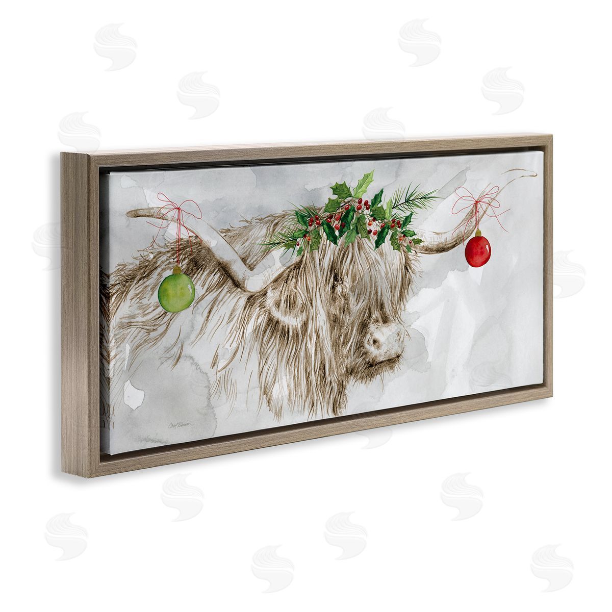 Carol Robinson Cattle with Christmas Ornaments Brown Floating Frame Canvas Wall Art Print