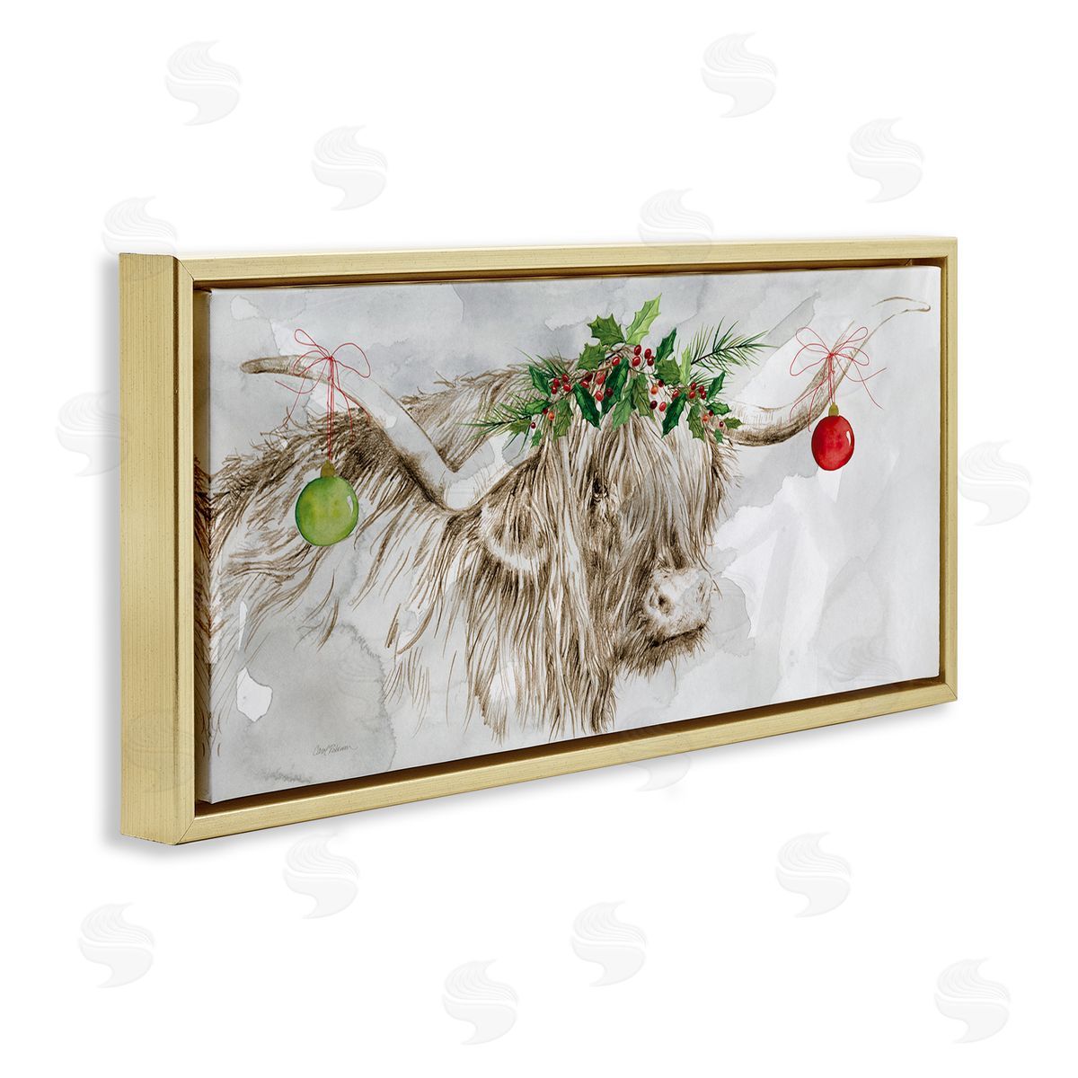 Carol Robinson Cattle with Christmas Ornaments Gold Floating Frame Canvas Wall Art Print
