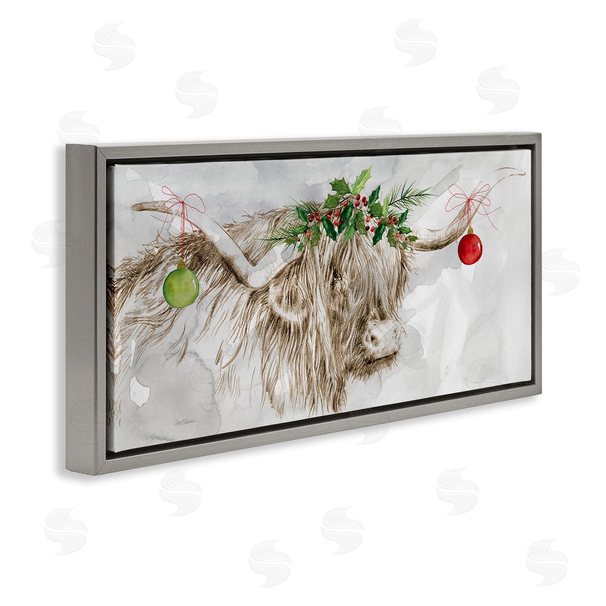 Carol Robinson Cattle with Christmas Ornaments Gray Floating Frame Canvas Wall Art Print