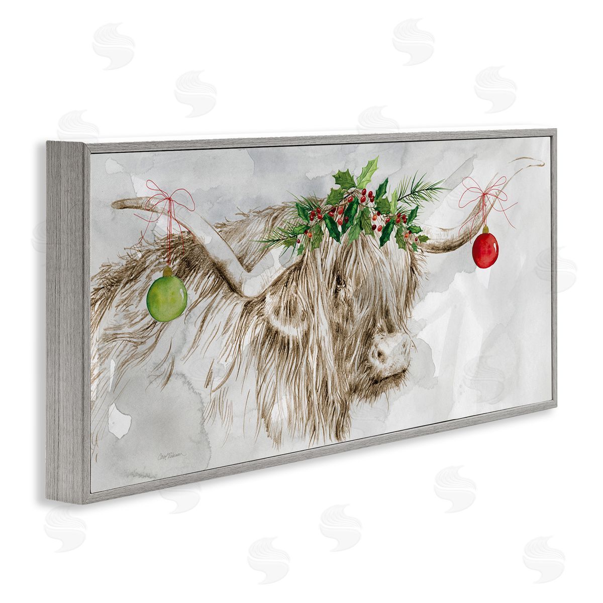 Carol Robinson Cattle with Christmas Ornaments Gray Framed Glicee Wall Art Print