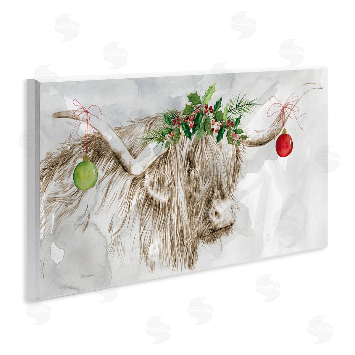 Carol Robinson Cattle with Christmas Ornaments Wooden Wall Plaque Art Print