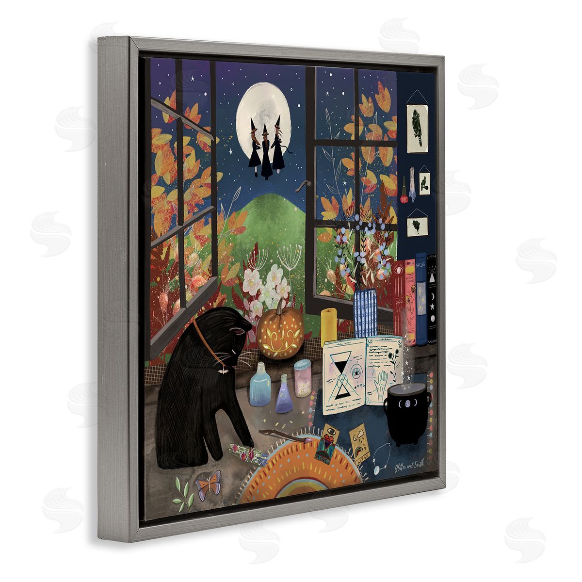 Jacqueline Wild Halloween Witches Autumn Moon Gray Floating Frame Canvas Wall Art Print