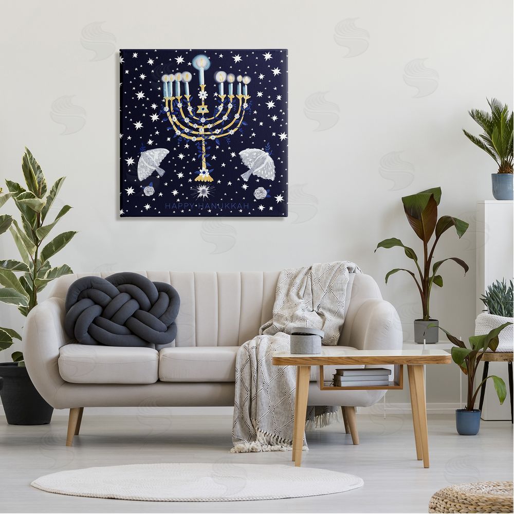 Susse Linton Happy Hanukkah Starry Menorah Canvas Wall Art in Room