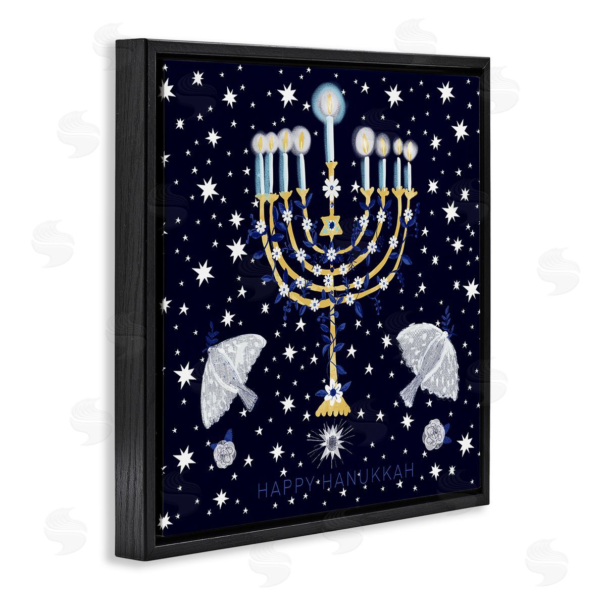 Susse Linton Happy Hanukkah Starry Menorah Black Floating Frame Canvas Wall Art Print