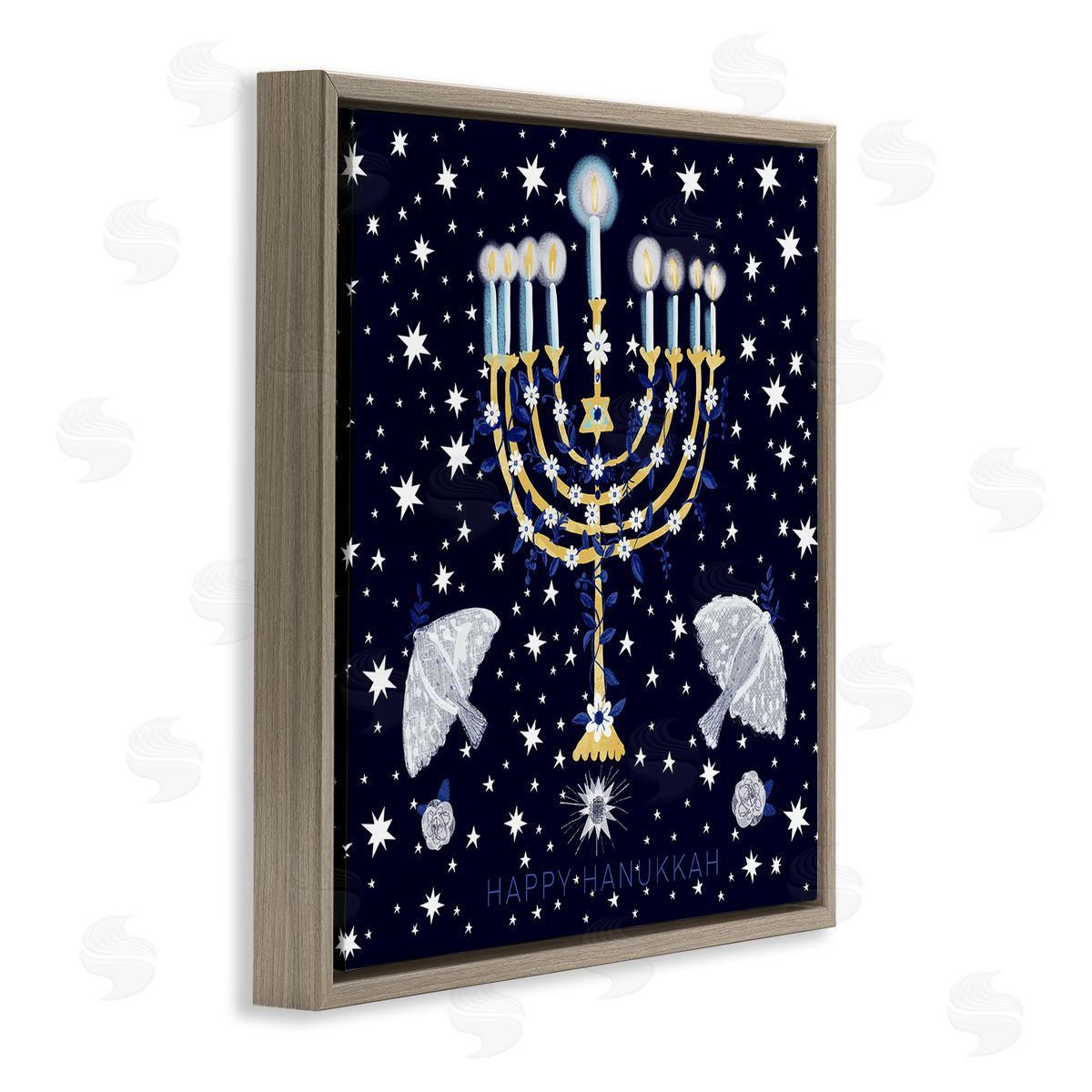 Susse Linton Happy Hanukkah Starry Menorah Brown Floating Frame Canvas Wall Art Print