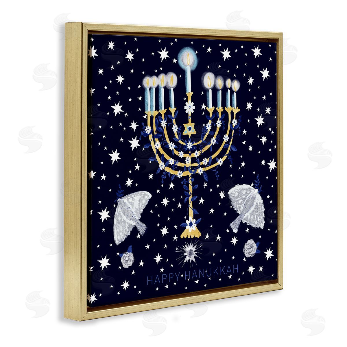 Susse Linton Happy Hanukkah Starry Menorah Gold Floating Frame Canvas Wall Art Print