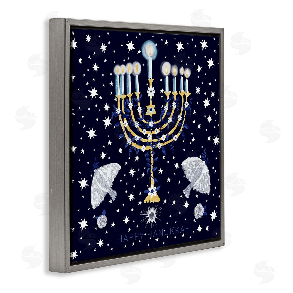 Susse Linton Happy Hanukkah Starry Menorah Gray Floating Frame Canvas Wall Art Print