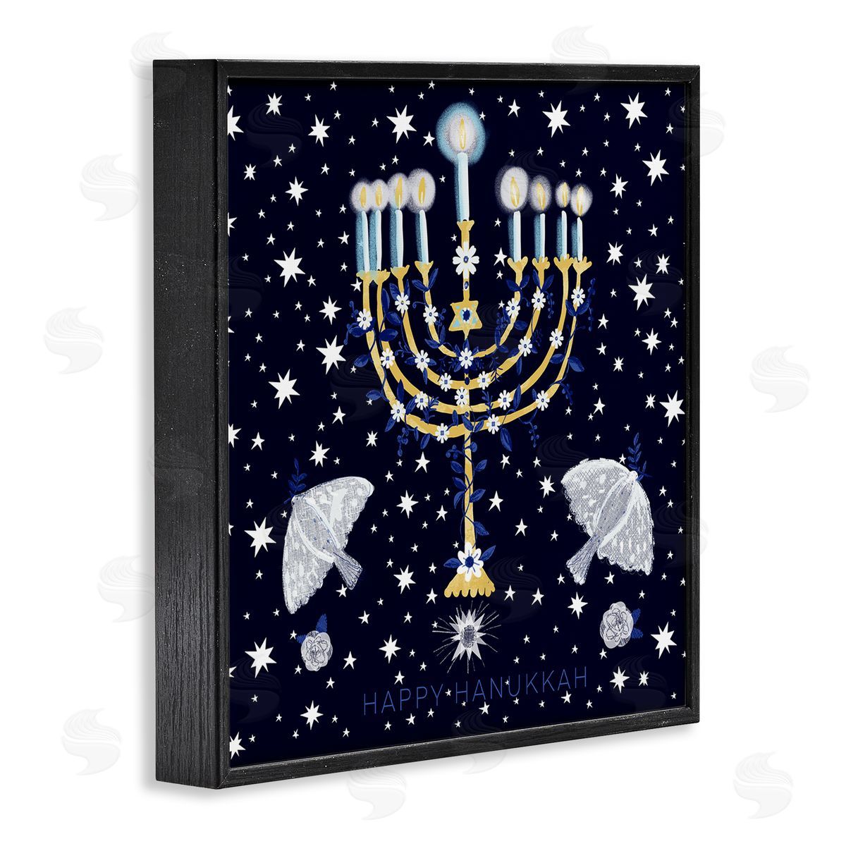 Susse Linton Happy Hanukkah Starry Menorah Black Framed Glicee Wall Art Print