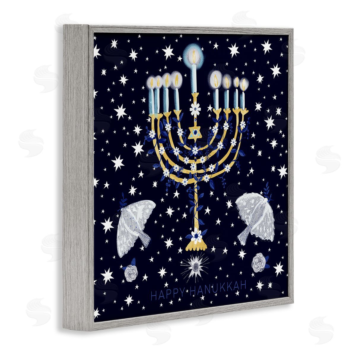 Susse Linton Happy Hanukkah Starry Menorah Gray Framed Glicee Wall Art Print