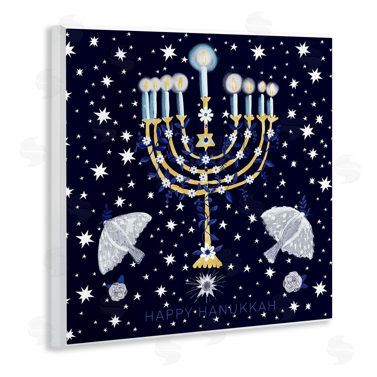 Susse Linton Happy Hanukkah Starry Menorah Wooden Wall Plaque Art Print