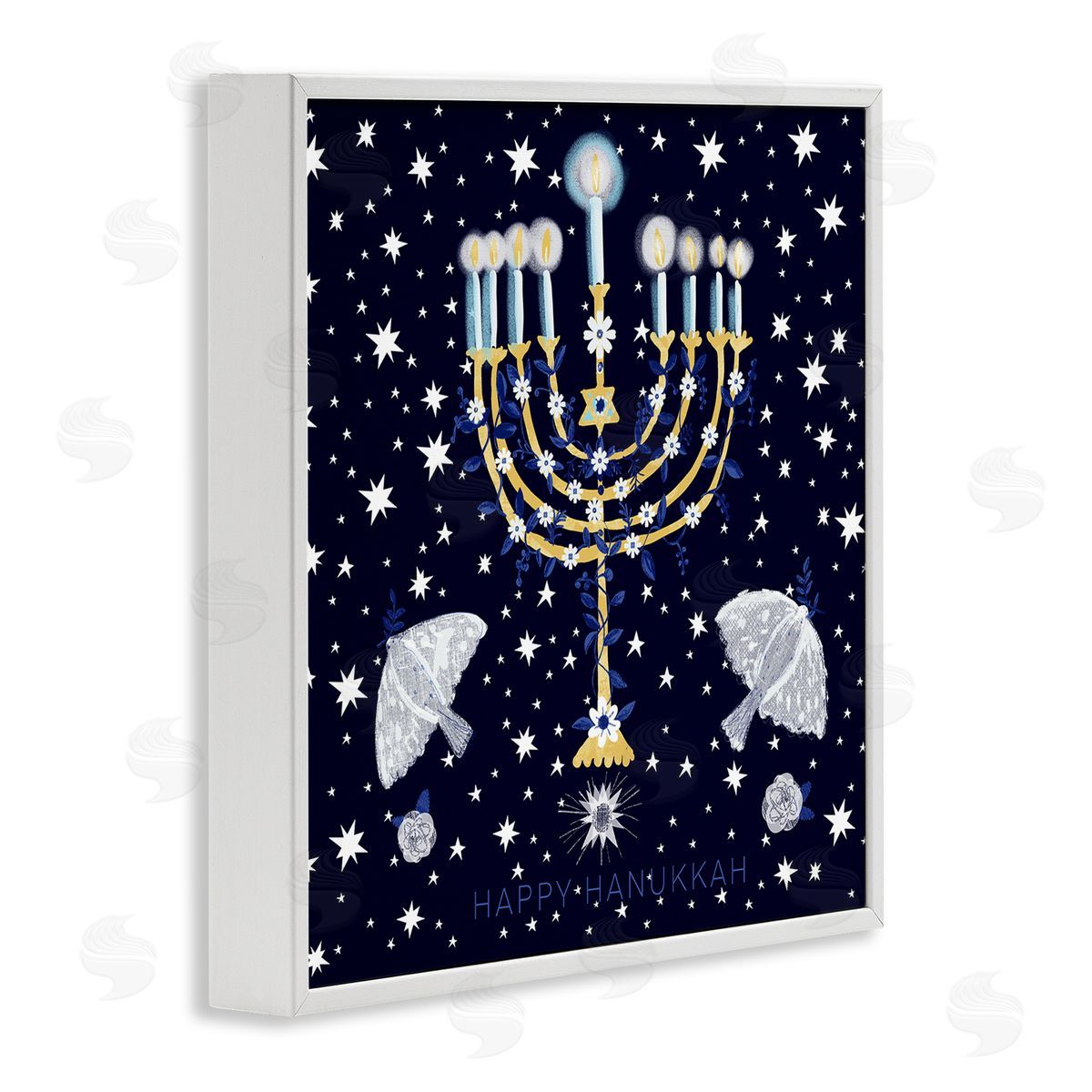 Susse Linton Happy Hanukkah Starry Menorah White Framed Glicee Wall Art Print