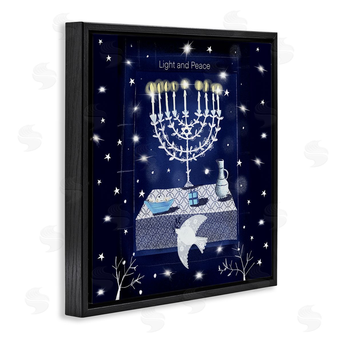 Susse Linton Light & Peace Menorah Stars Black Floating Frame Canvas Wall Art Print