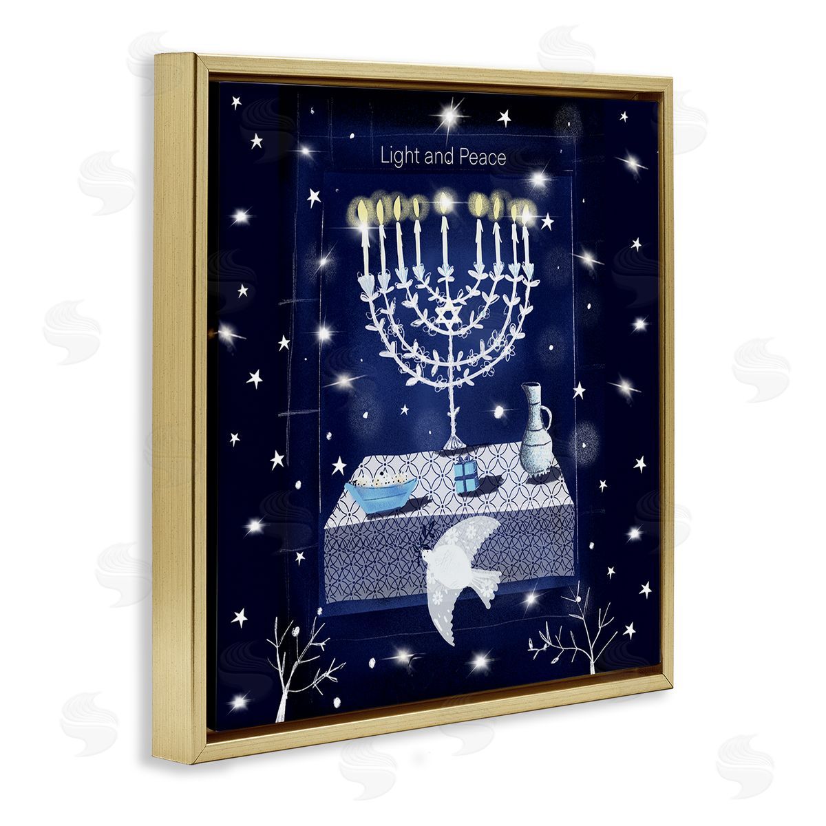 Susse Linton Light & Peace Menorah Stars Gold Floating Frame Canvas Wall Art Print