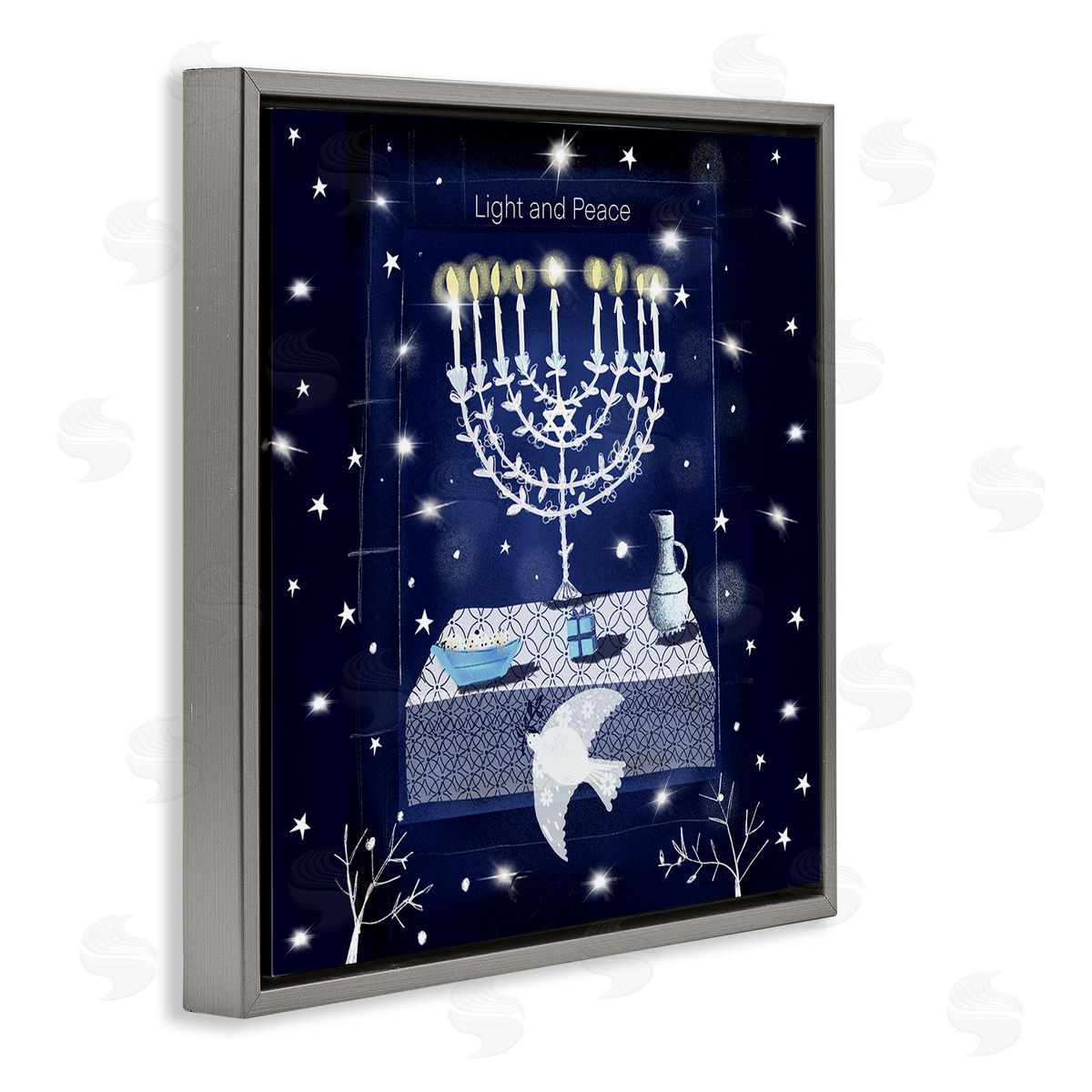 Susse Linton Light & Peace Menorah Stars Gray Floating Frame Canvas Wall Art Print