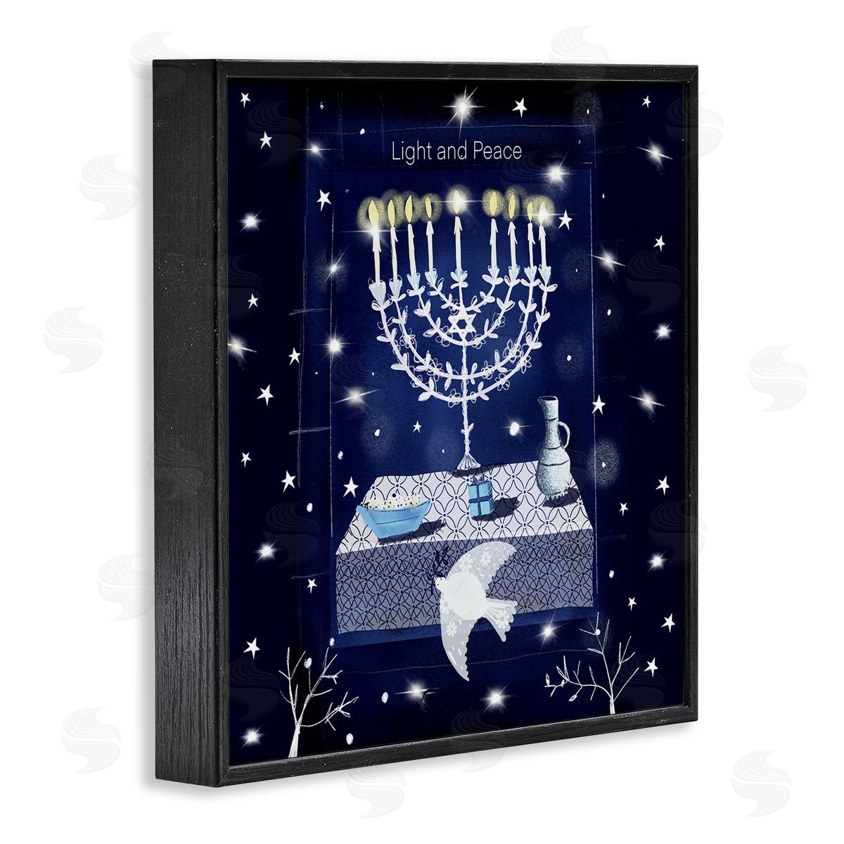 Susse Linton Light & Peace Menorah Stars Black Framed Glicee Wall Art Print