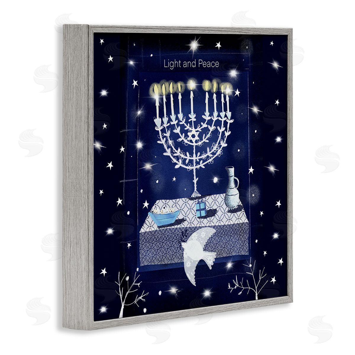 Susse Linton Light & Peace Menorah Stars Gray Framed Glicee Wall Art Print