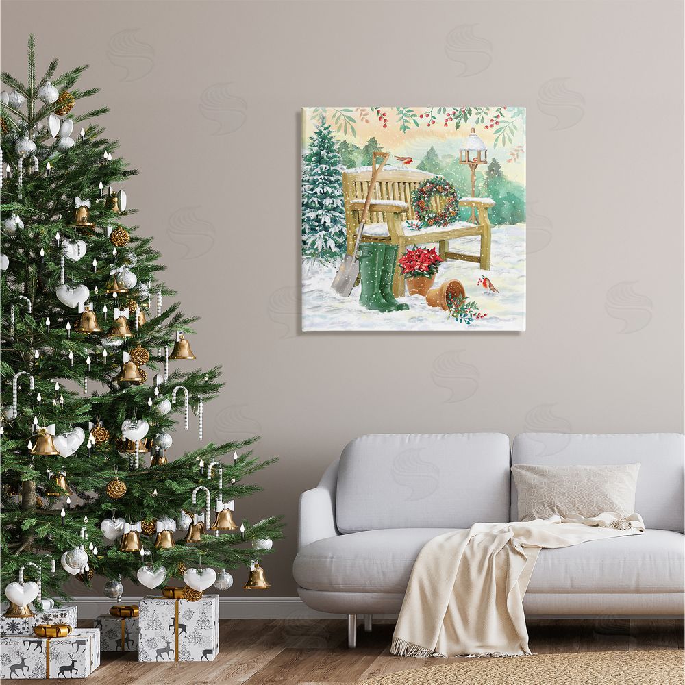 Jane Sunner Snowy Bench Seasonal Holly Plants Canvas Wall Art in Room