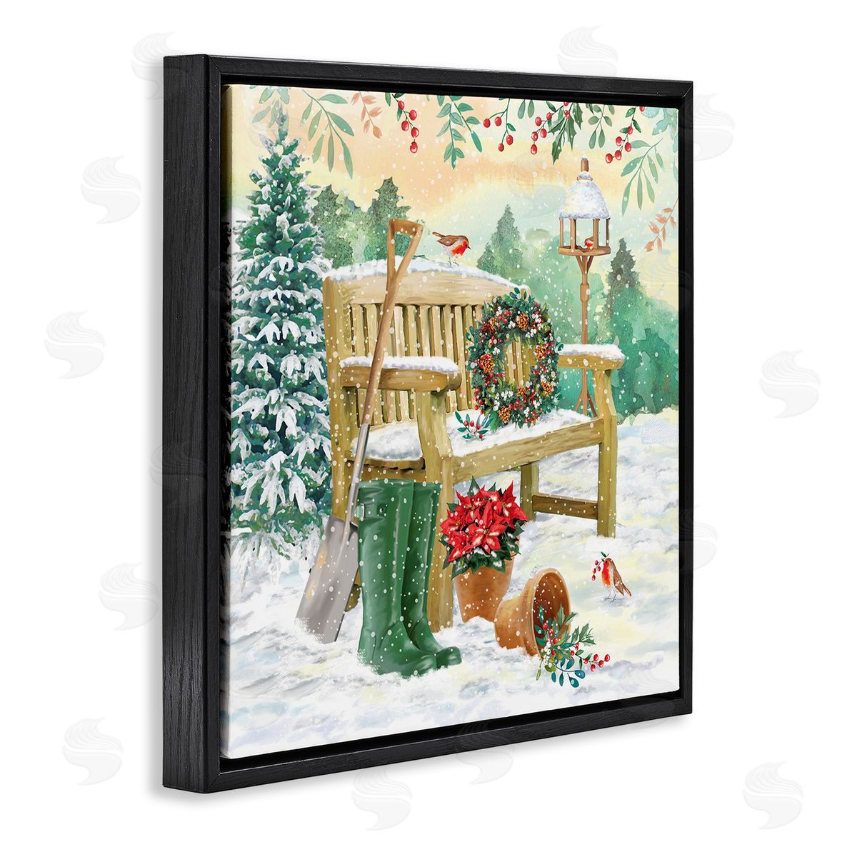 Jane Sunner Snowy Bench Seasonal Holly Plants Black Floating Frame Canvas Wall Art Print