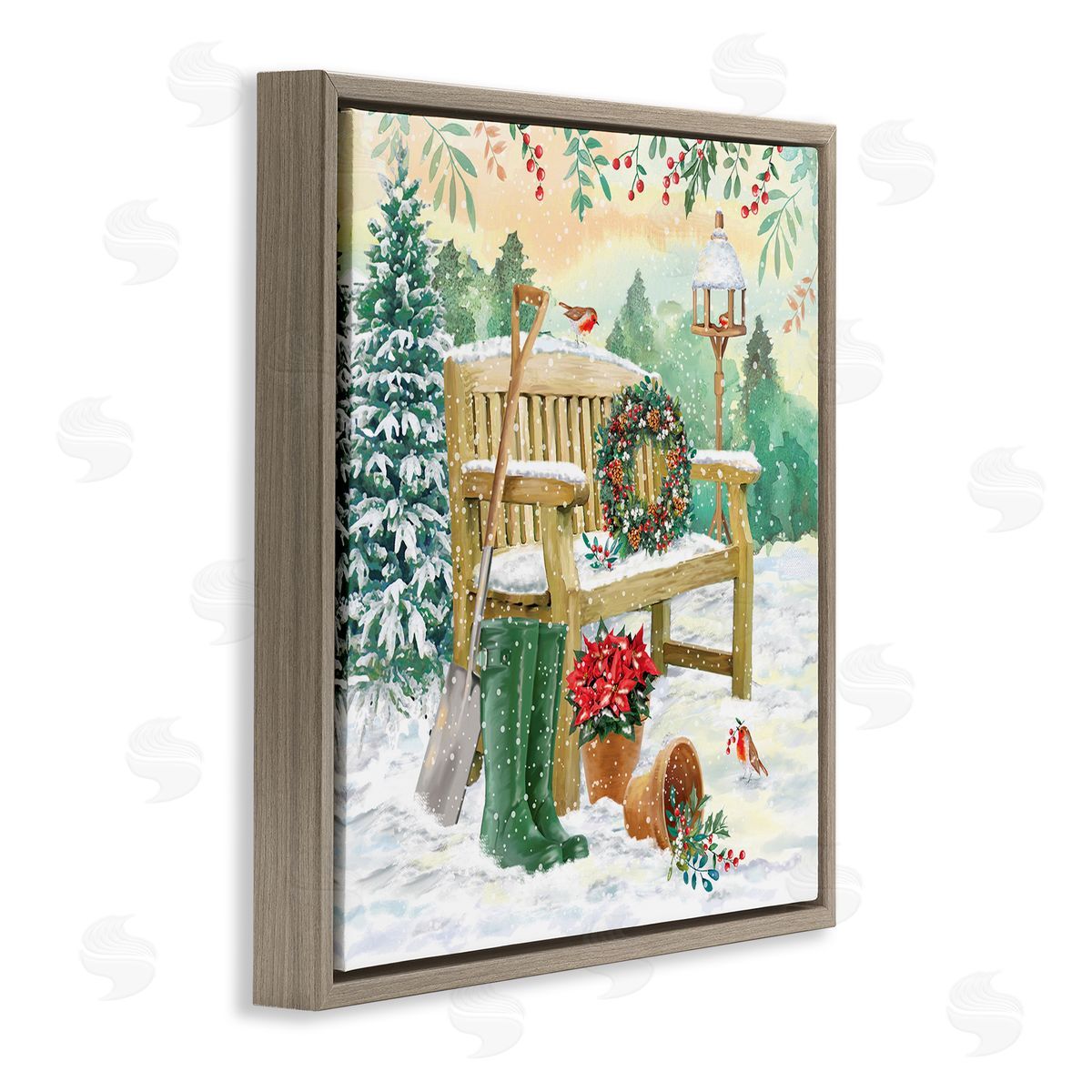 Jane Sunner Snowy Bench Seasonal Holly Plants Brown Floating Frame Canvas Wall Art Print