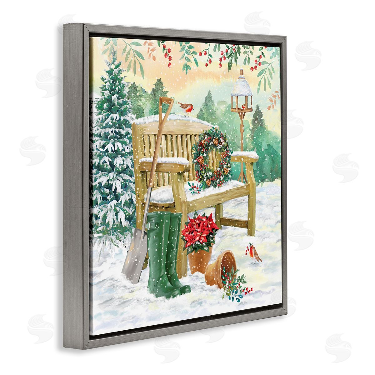 Jane Sunner Snowy Bench Seasonal Holly Plants Gray Floating Frame Canvas Wall Art Print