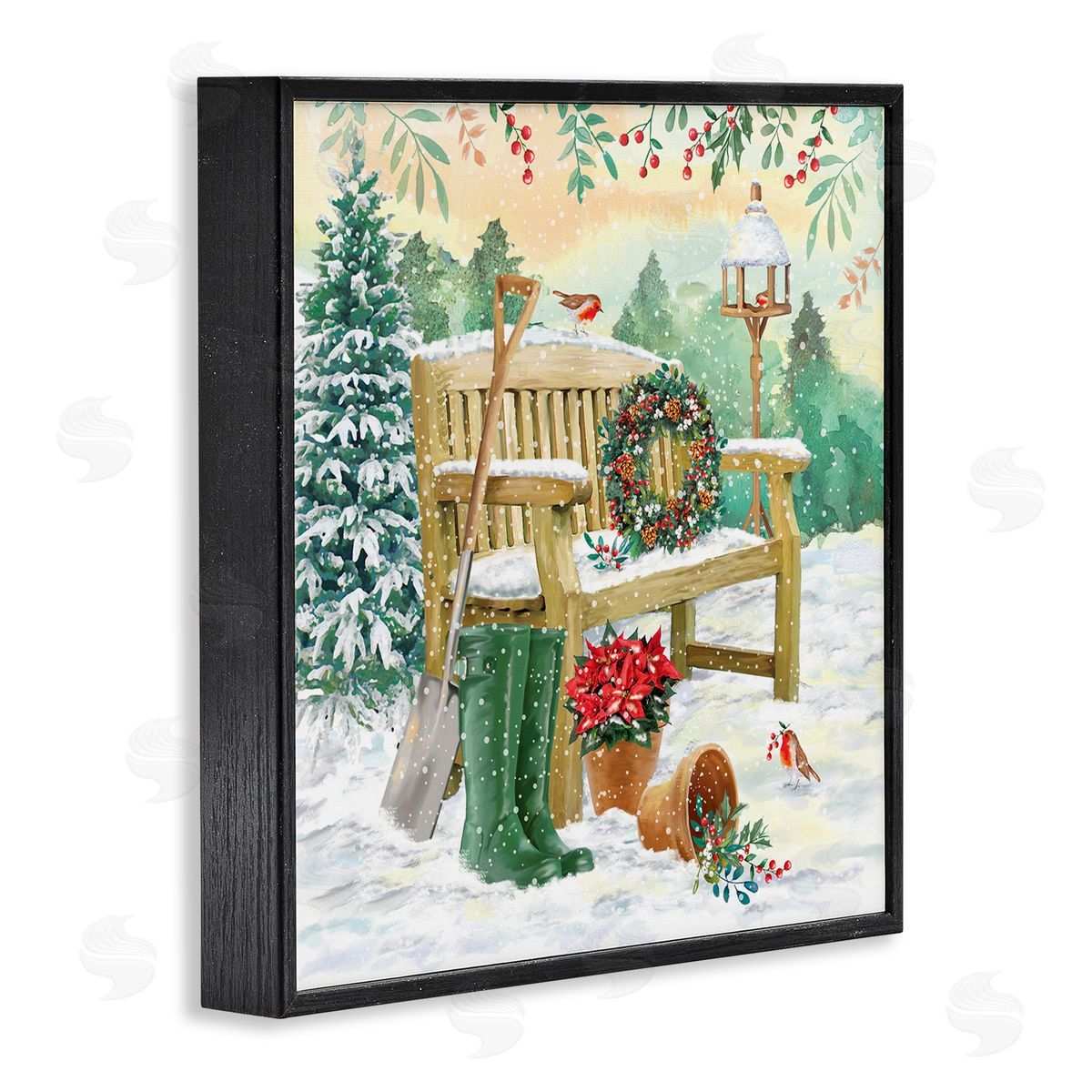 Jane Sunner Snowy Bench Seasonal Holly Plants Black Framed Glicee Wall Art Print
