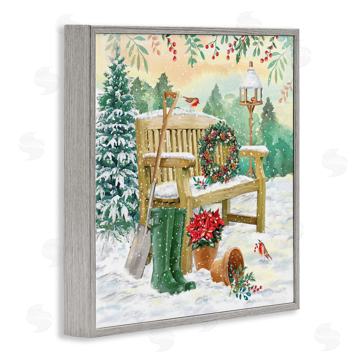 Jane Sunner Snowy Bench Seasonal Holly Plants Gray Framed Glicee Wall Art Print
