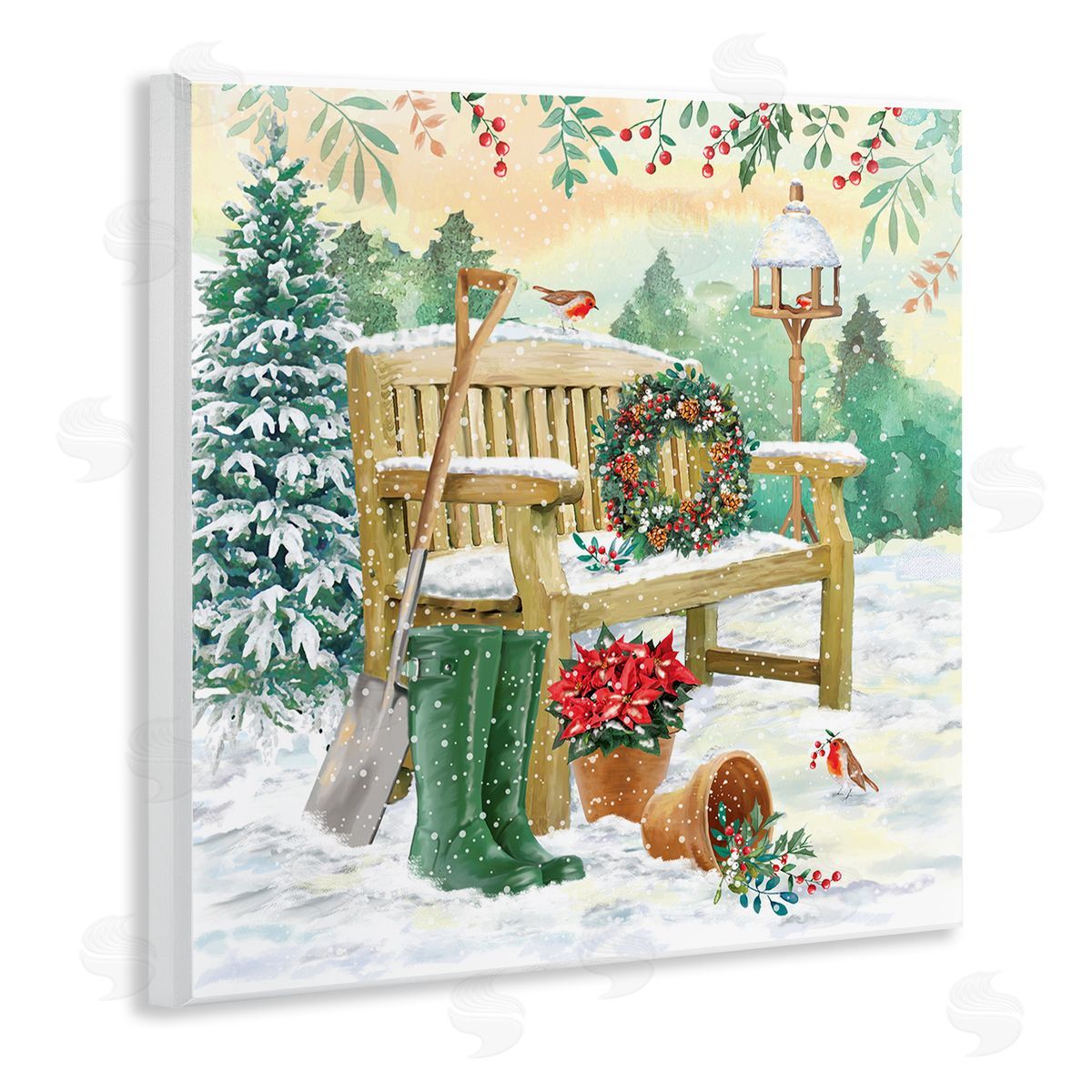Jane Sunner Snowy Bench Seasonal Holly Plants Wooden Wall Plaque Art Print