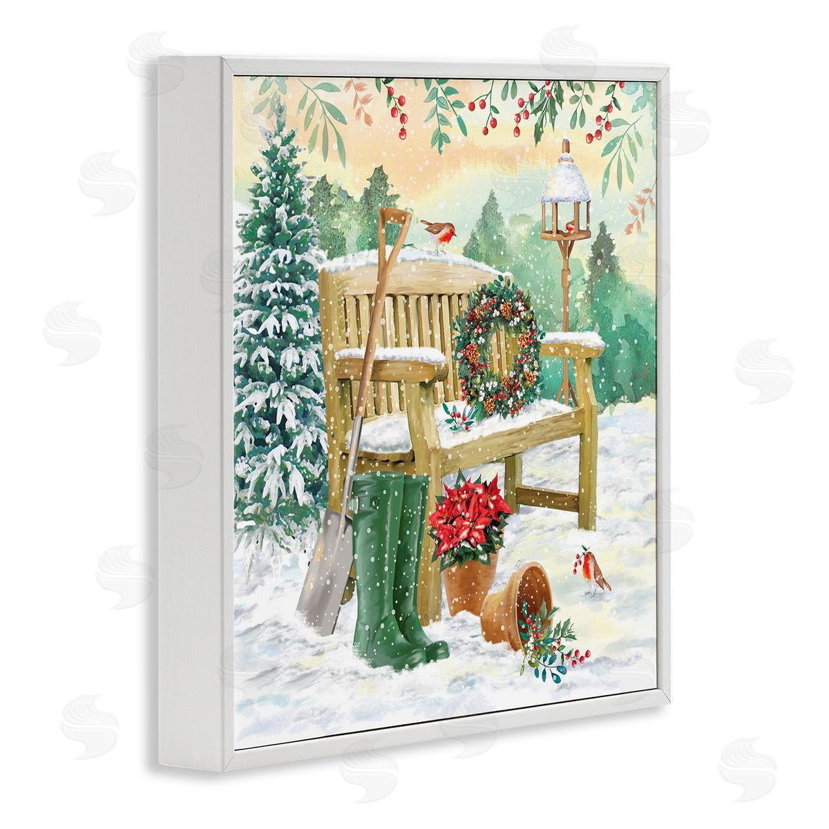 Jane Sunner Snowy Bench Seasonal Holly Plants White Framed Glicee Wall Art Print