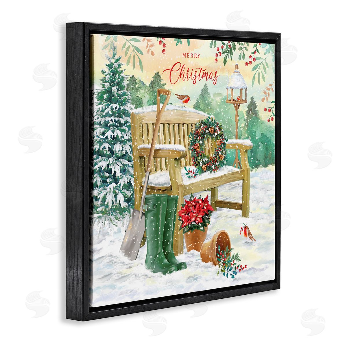 Jane Sunner Merry Christmas Winter Bench Black Floating Frame Canvas Wall Art Print