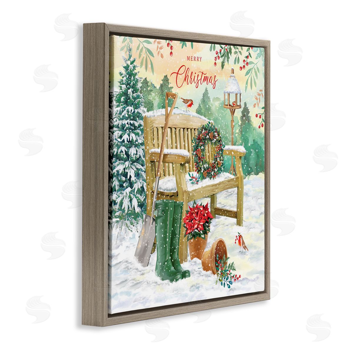 Jane Sunner Merry Christmas Winter Bench Brown Floating Frame Canvas Wall Art Print