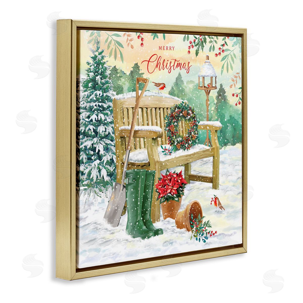 Jane Sunner Merry Christmas Winter Bench Gold Floating Frame Canvas Wall Art Print
