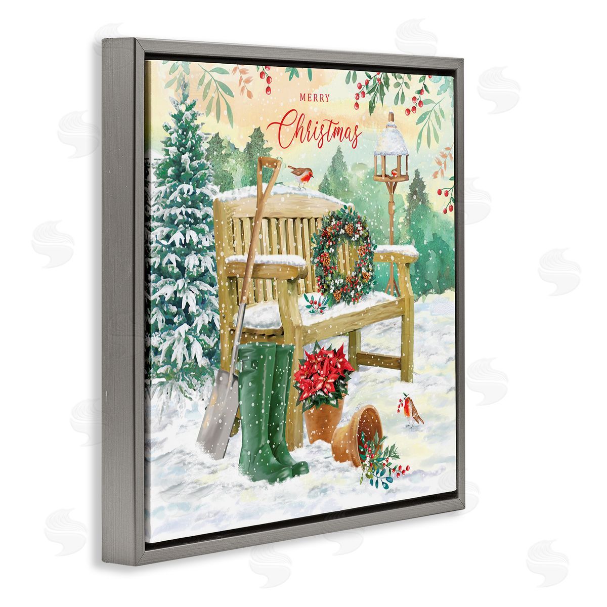 Jane Sunner Merry Christmas Winter Bench Gray Floating Frame Canvas Wall Art Print