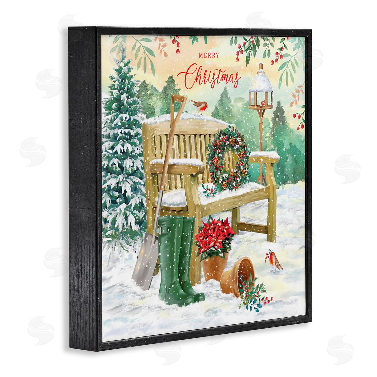 Jane Sunner Merry Christmas Winter Bench Black Framed Glicee Wall Art Print