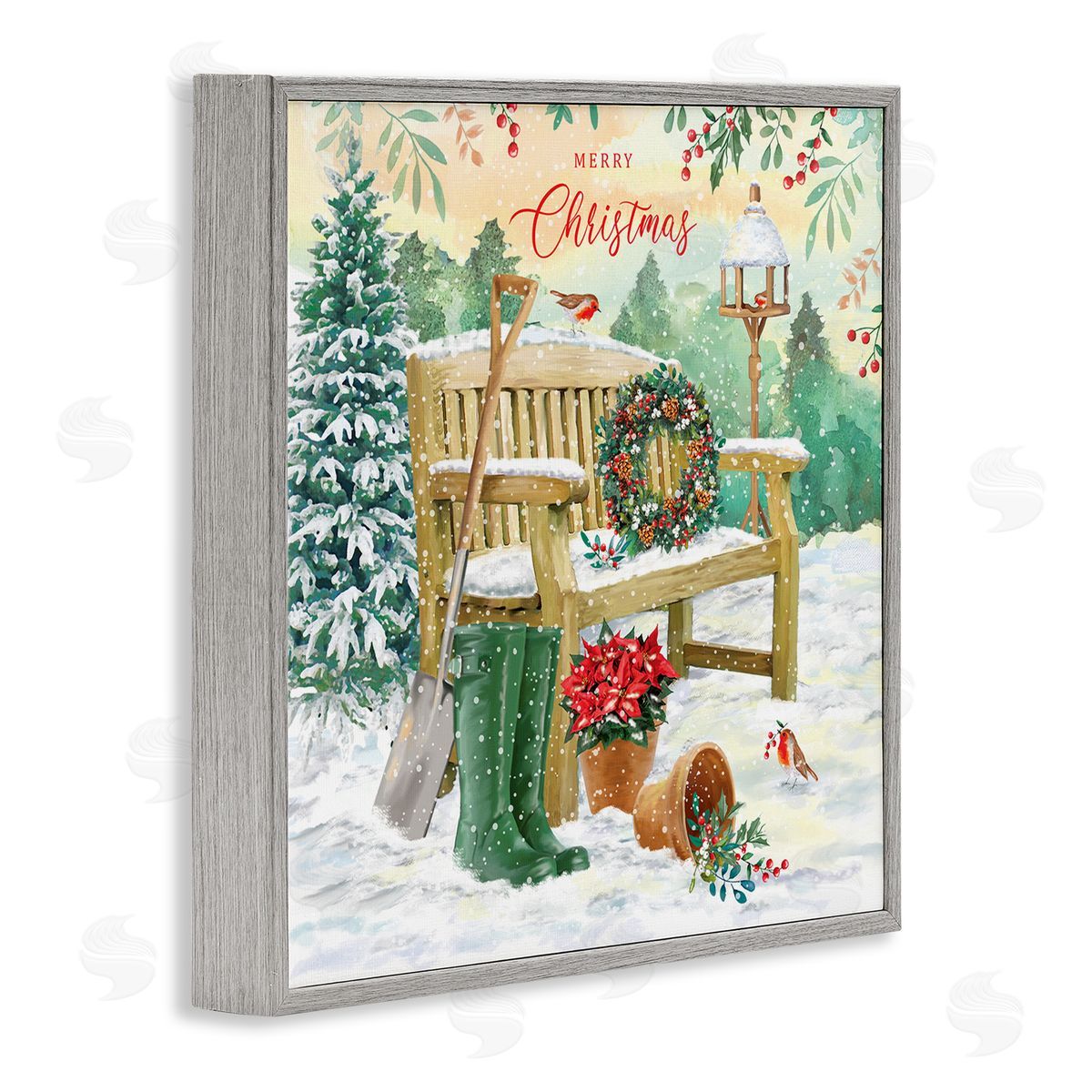 Jane Sunner Merry Christmas Winter Bench Gray Framed Glicee Wall Art Print