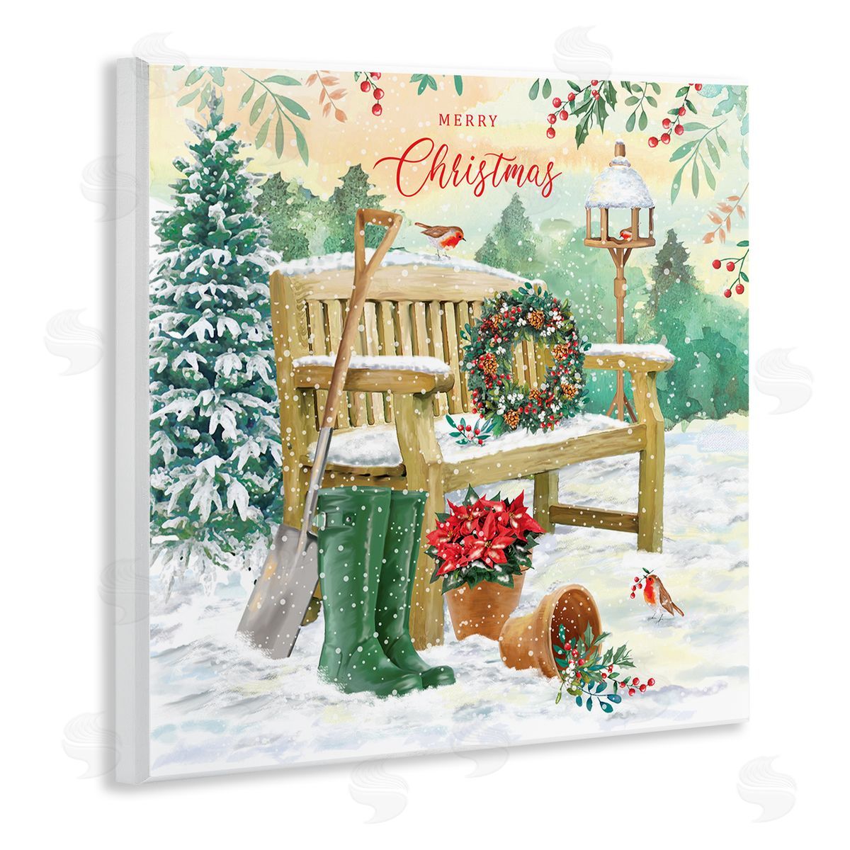 Jane Sunner Merry Christmas Winter Bench Wooden Wall Plaque Art Print