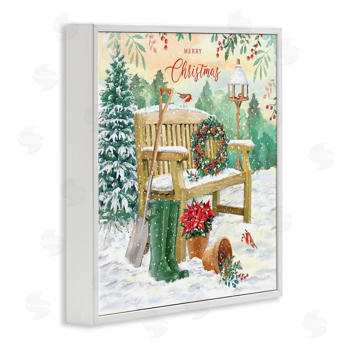 Jane Sunner Merry Christmas Winter Bench White Framed Glicee Wall Art Print