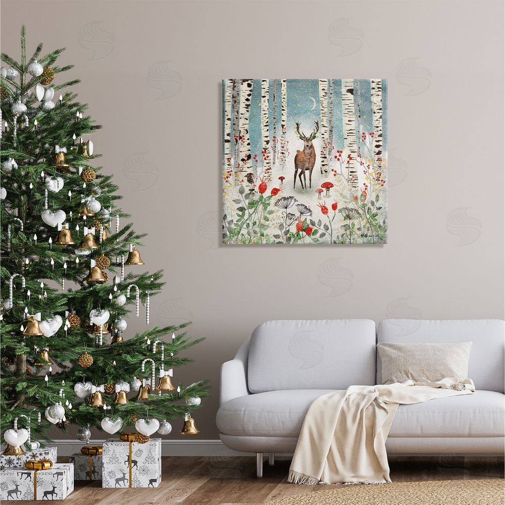 Jacqueline Wild Deer In Nighttime Birch Forest Canvas Wall Art in Room