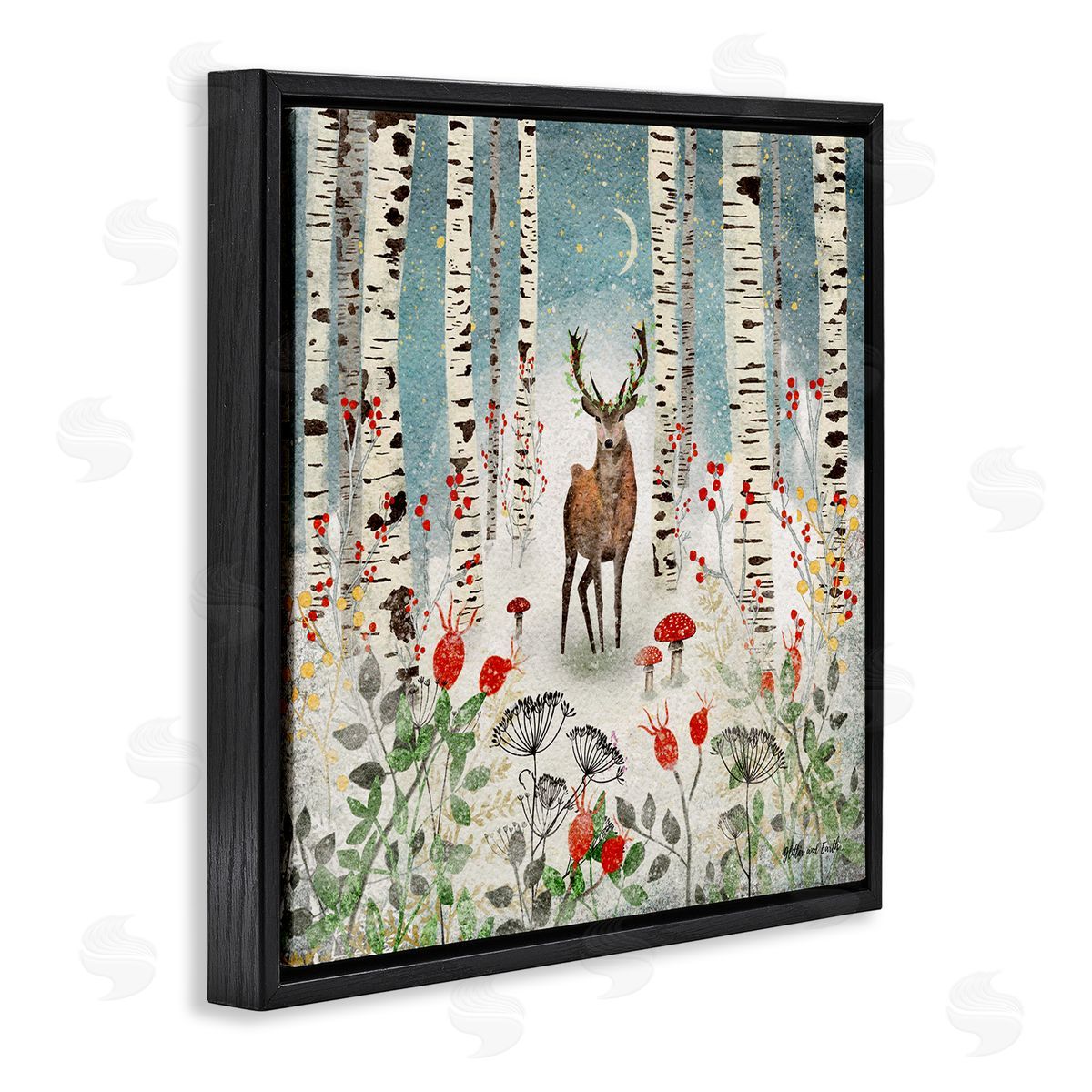 Jacqueline Wild Deer In Nighttime Birch Forest Black Floating Frame Canvas Wall Art Print