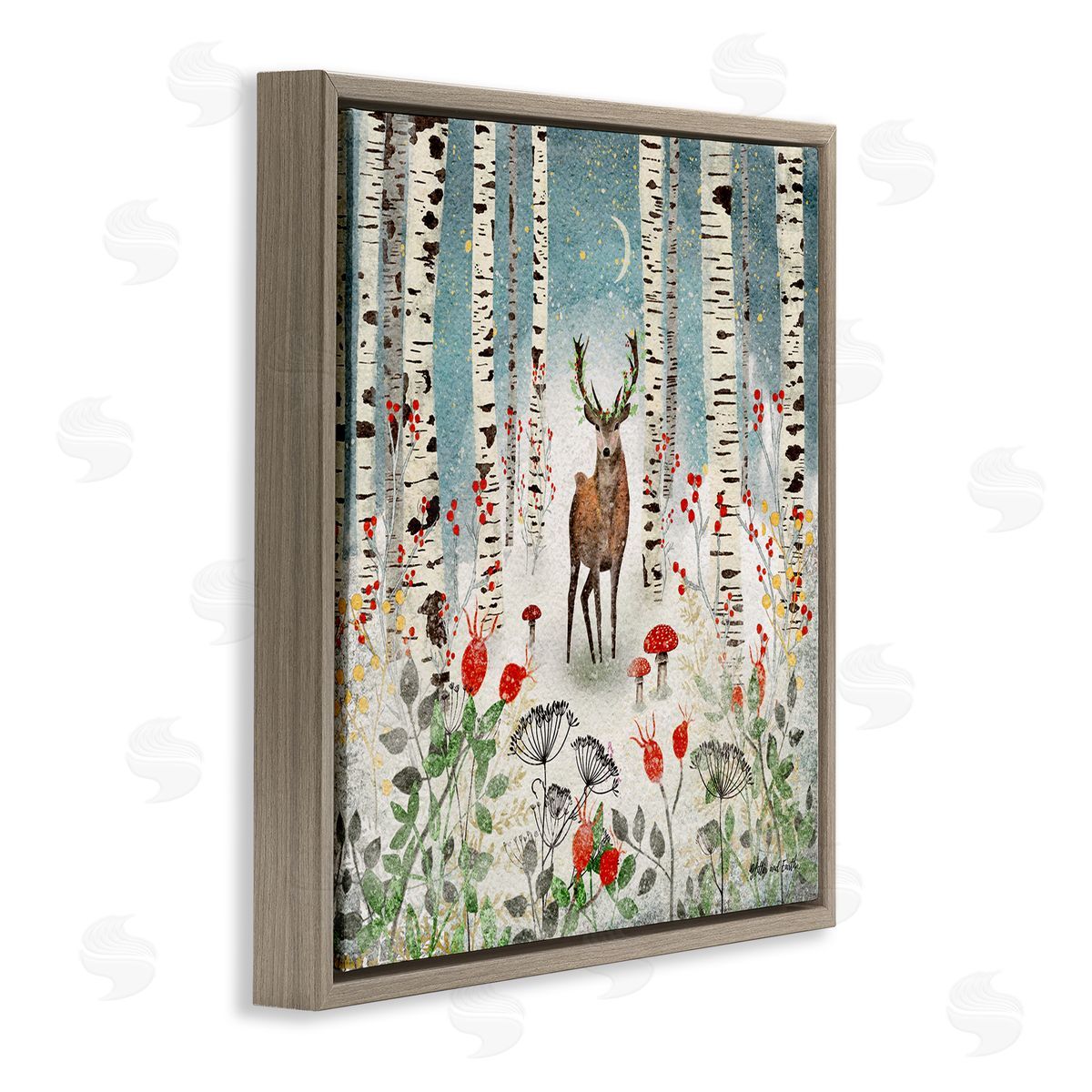 Jacqueline Wild Deer In Nighttime Birch Forest Brown Floating Frame Canvas Wall Art Print
