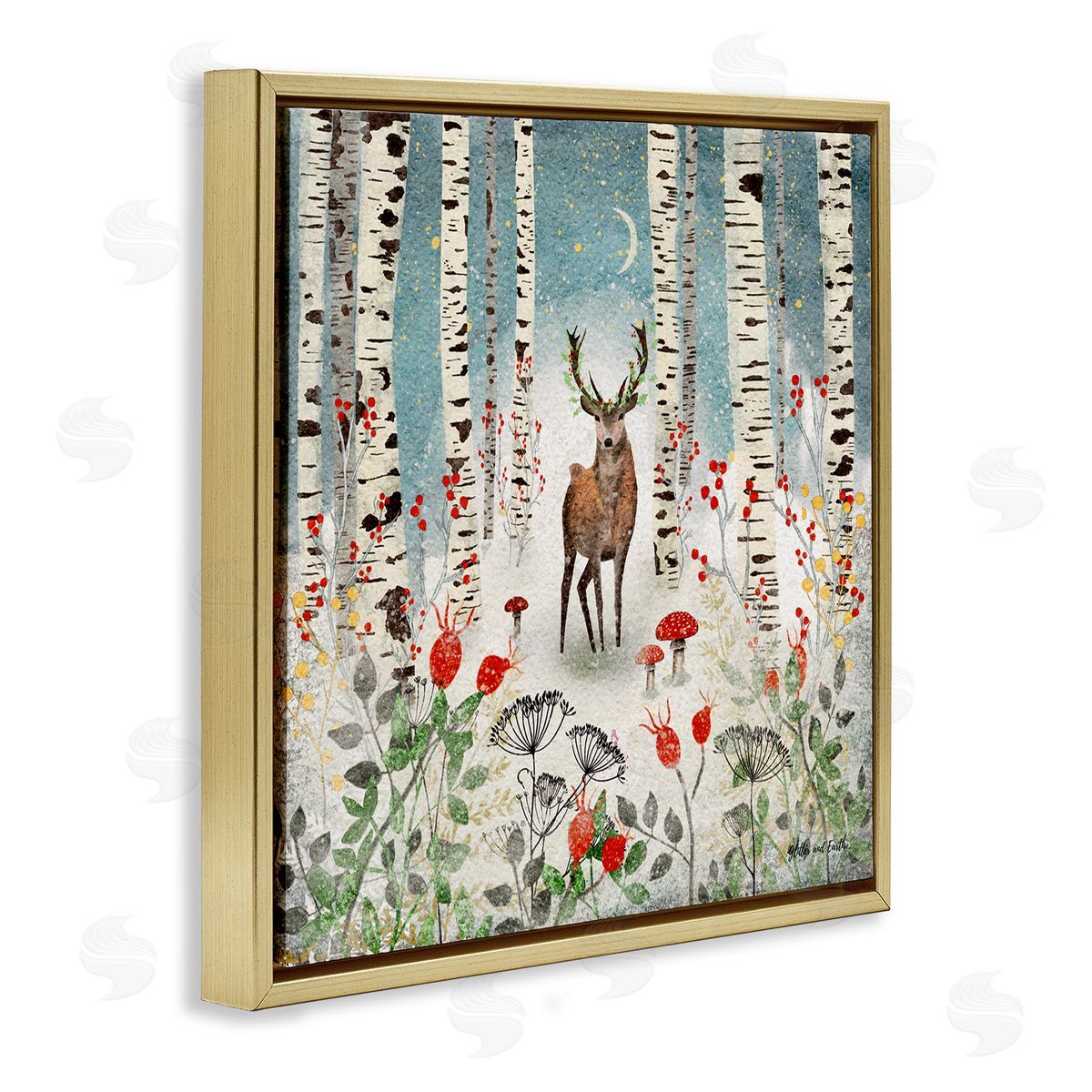 Jacqueline Wild Deer In Nighttime Birch Forest Gold Floating Frame Canvas Wall Art Print