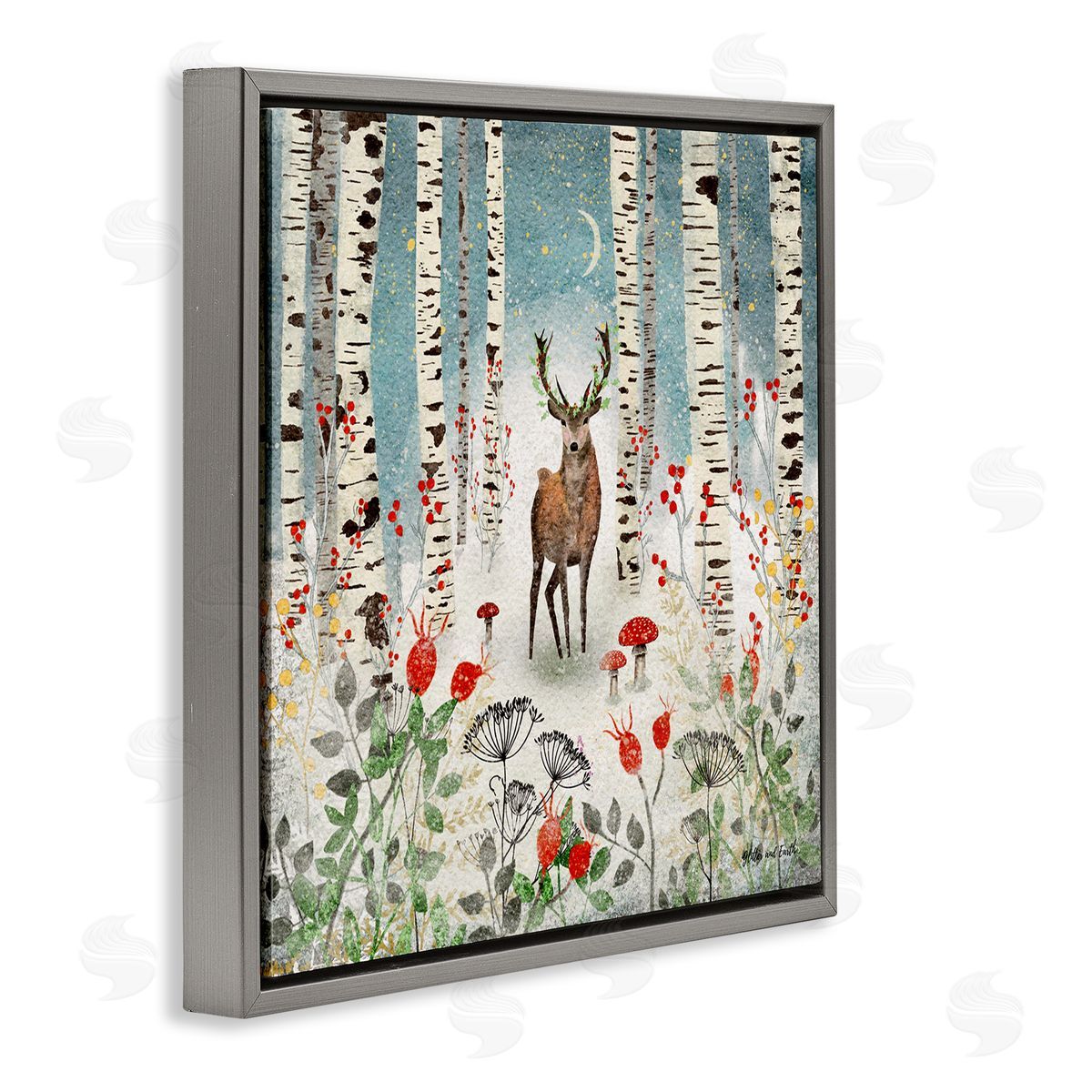 Jacqueline Wild Deer In Nighttime Birch Forest Gray Floating Frame Canvas Wall Art Print