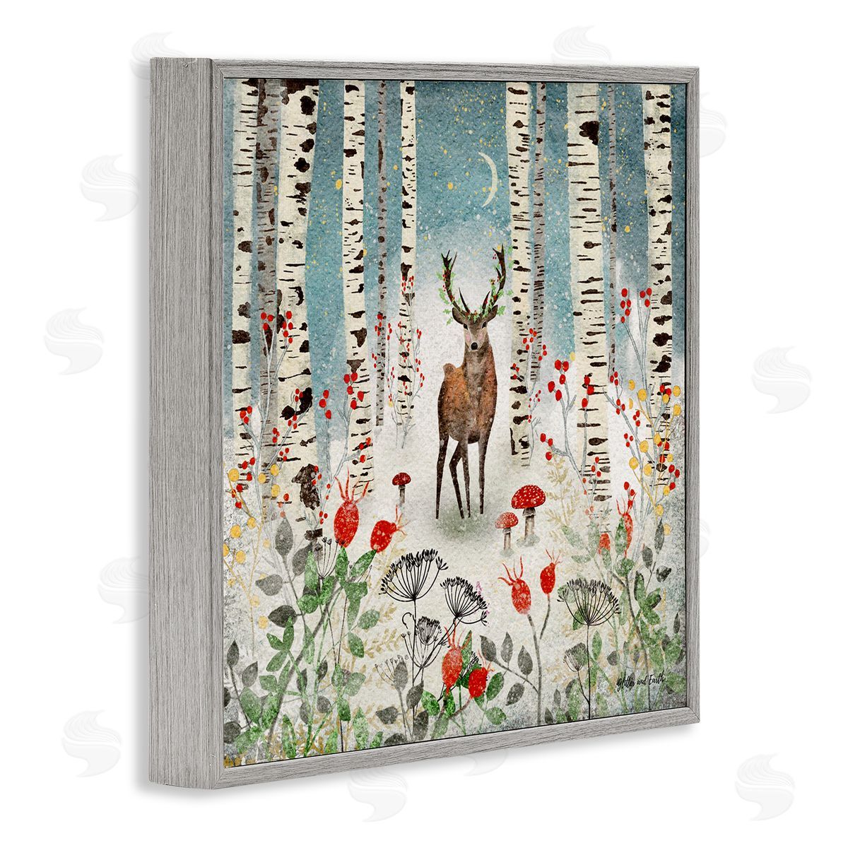 Jacqueline Wild Deer In Nighttime Birch Forest Gray Framed Glicee Wall Art Print