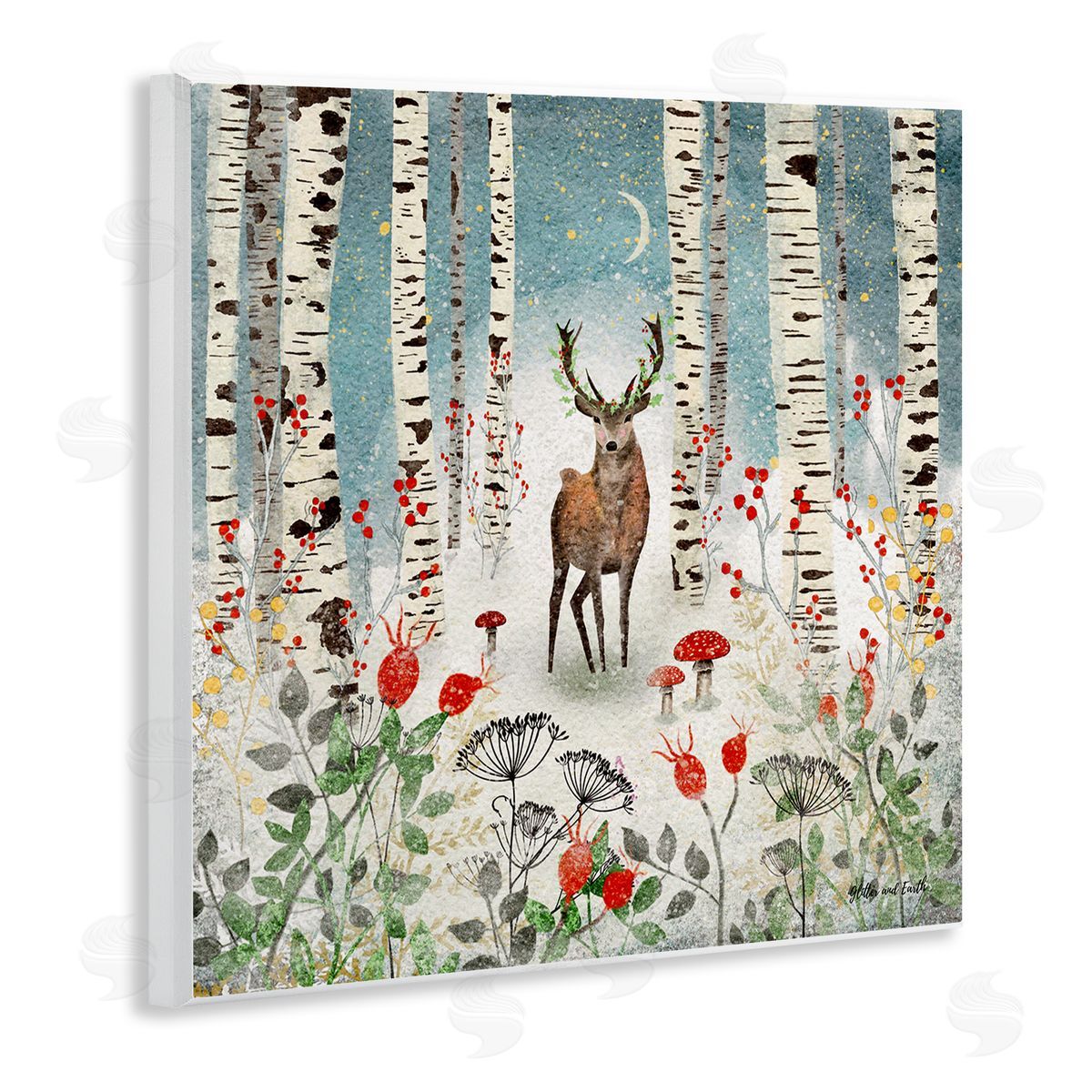 Jacqueline Wild Deer In Nighttime Birch Forest Wooden Wall Plaque Art Print